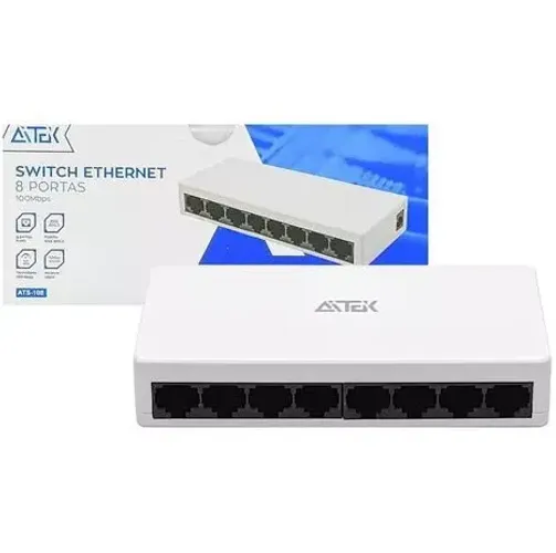 Switch Gigabit 8 Portas RJ45 10/100 Mbps AITEK ATS-108 Rede Estável para Casa e Escritório