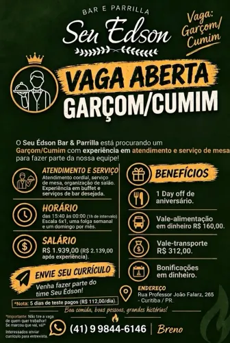 Vaga para garçom BAIRRO ORLEANS