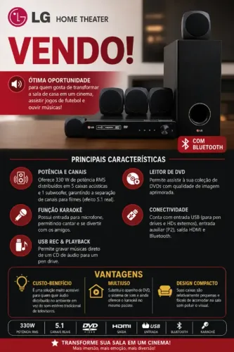 Home Theater LG DVD Karaokê Bluetooth 330W 5.1 Canais HDMI - DH4130S