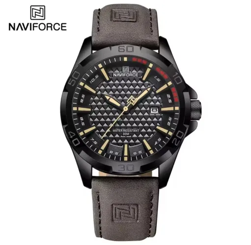 Relógio Esportivo Militar NAVIFORCE Cinza Escuro Ponteiro Dourados Pulseira Couro Suede