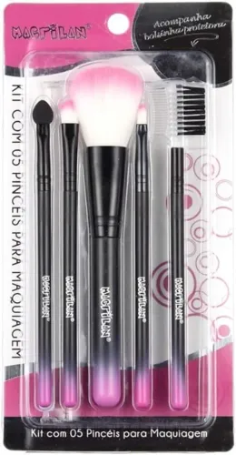 Kit com 5 pinceis para maquiagem Macrilan KP5-28 Cabos Degradê Rosa