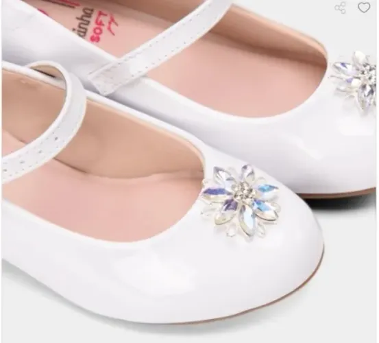 Sapatilha Boneca Infantil Molekinha Detalhe Flor & Pedraria Branco