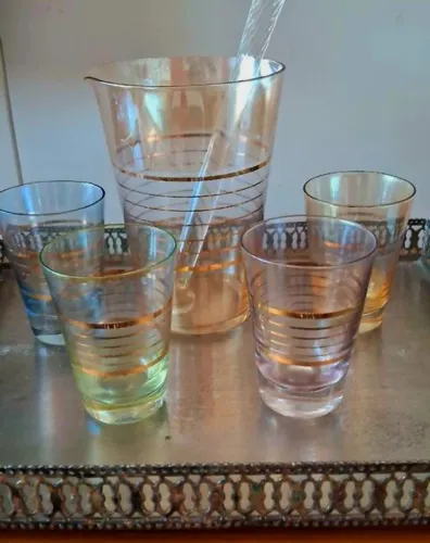 Belíssimo e Antigo Conjunto em cristal acidado com a borda filetada a ouro