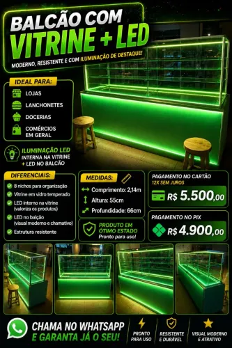 Balcão Vitrine com LED 2,14m | Vidro Temperado | Ideal para Loja
