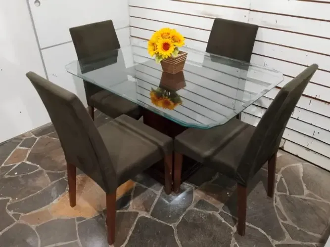 Mesa vidro 1,20x80 c/4 cadeiras suede/madeira (OPÇÃO TAMPO BRANCO 1,20X90)