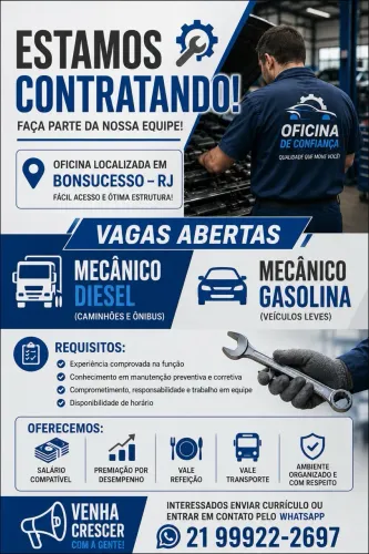 Vagas para Mecânico Diesel e Gasolina