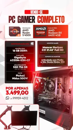 PC Gamer Completo Ryzen 5 + RX 6400 + Monitor 75Hz + Suporte