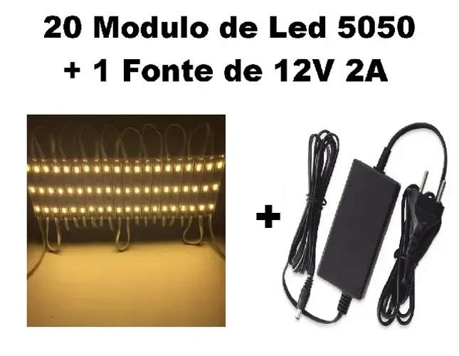 20pçs Módulo De Led 12v Ip65 5050 3-leds Branco Quente 2 Metros Linear + Fonte 12v 2a 
