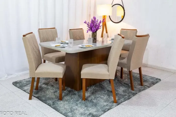 Mesa de Jantar 6 Cadeiras Linho Bege Madeira Maciça Oportunidade rf43