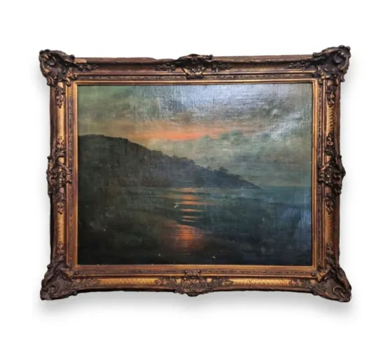 Quadro antigo óleo sobre tela, paisagem marítima, moldura dourada