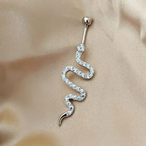 Piercing de umbigo com Pingente de Cobra Cravejado com Pedra de Zircônia e Aço Cirúrgico
