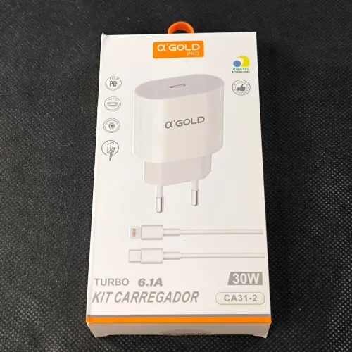 Carregador Turbo 30W A'Gold com Cabo USB-C/Lightning para iPhone