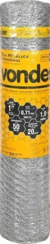 Tela metálica hexagonal, malha 1", 22 BWG x 1,0 m, com 50 m, pinteiro, VONDER