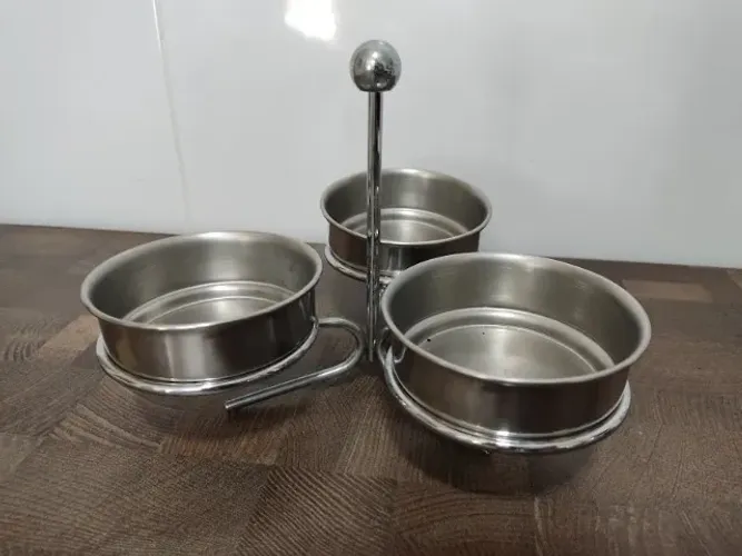 Pestiqueira ou Porta Patê em Inox 3 pratinhos com Suporte