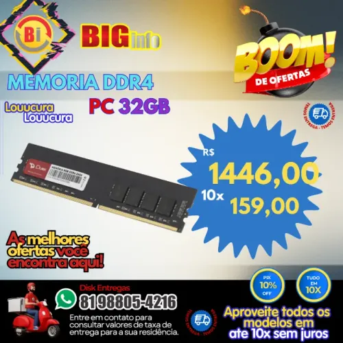 Memoria Ram Ddr4 32gb - DESKTOP - Em ate 10x Fixas