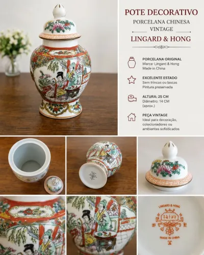 Pote Decorativo Chinês com Tampa - Porcelana Oriental - Lingard & Hong - Vintage