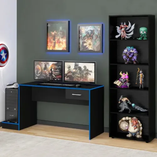 Kit Gamer Mesa Computador Escrivaninha Preta + Estante Livros Multiuso 180cm