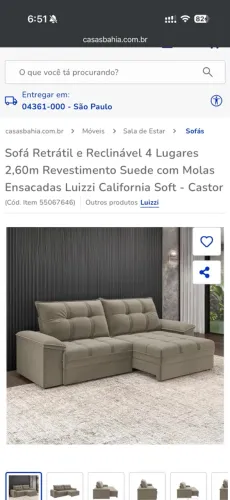 SOFÁ RETRÁTIL RECLINÁVEL 2,60m SUEDE LUIZZI CALIFORNIA SOFT CASTOR