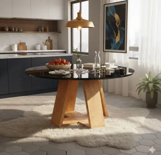 Mesa de jantar 90 cm tampo de vidro pés em MDF 3