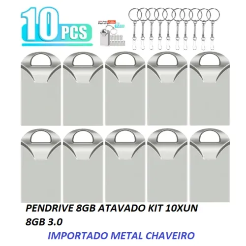 Kit 10 Mini Pendrive IMPORTADO Original - Chaveiro Metálico USB 2.0 (8GB)