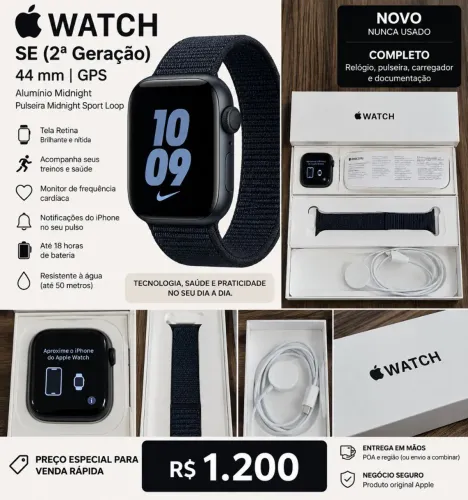 Apple Watch SE 2ª Geração 44mm GPS - NOVO, Nunca Usado - Completo
