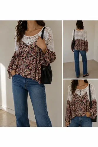 Blusa florida com detalhe de renda