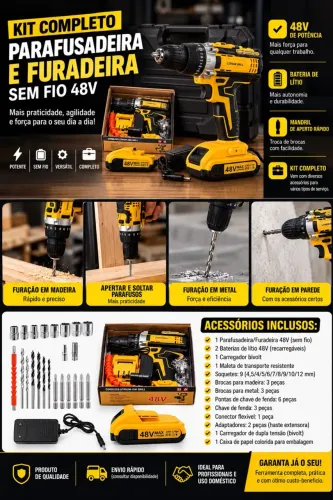 Parafusadeira e Furadeira Sem Fio 48V com Kit Completo de Acessórios