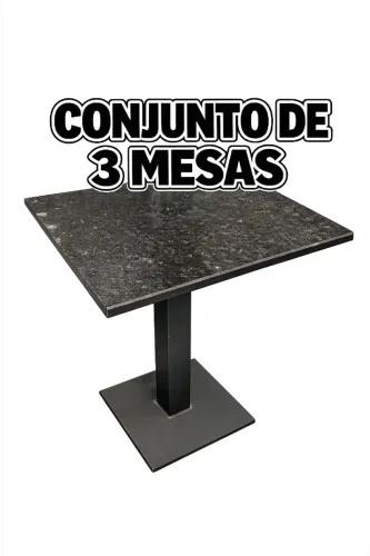 Kit 3 Mesas Bistrô Mármore 50x50cm Pé Metal Preto Fosco