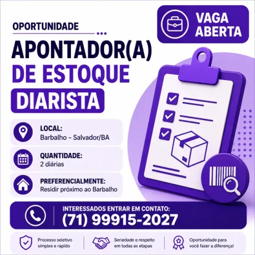 Oportunidade para Diarista- Apontador de Estoque- Barbalho- Salvador/BA