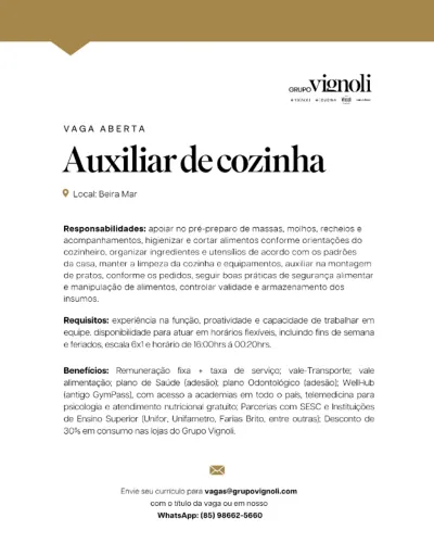 Auxiliar de cozinha - Cucina Vignoli Beira Mar