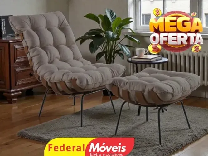 Poltrona + Puff em Linho Bege a Cinza - Super Promoção!