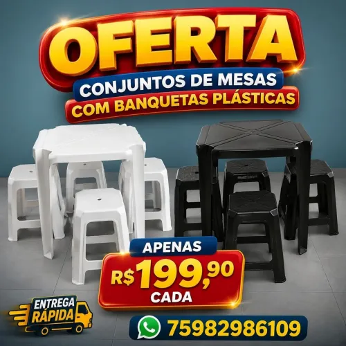 Conjuntos mesas e banquetas plásticas - Promoção