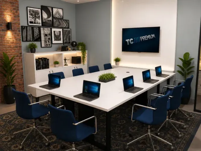 Mesa de Reunião Corporativa Alto Padrão Com Painel. L240cm x P160cm x A74cm