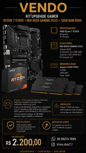 Kit Upgrade Gamer Ryzen 7 5700X + MSI B550 Gaming Plus + 32GB RAM DDR4