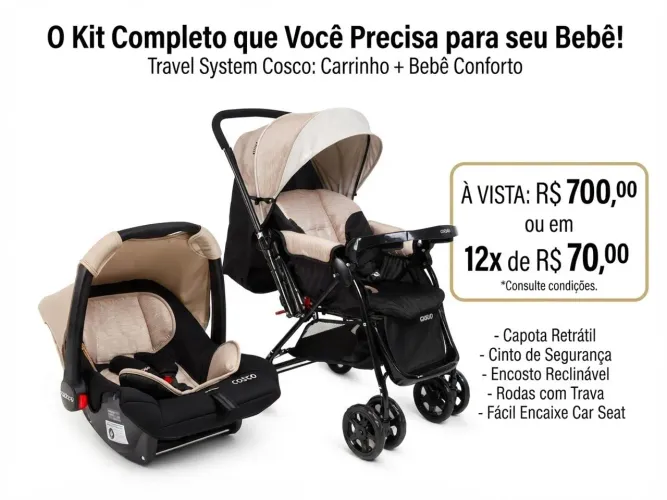 Kit Carrinho + Bebê Conforto Cosco - Bege