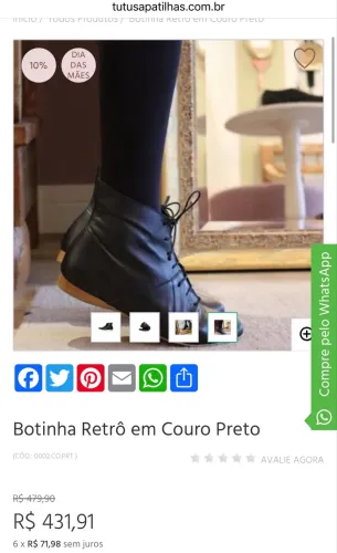 Botinha retrô em couro preto Tutu Sapatilhas