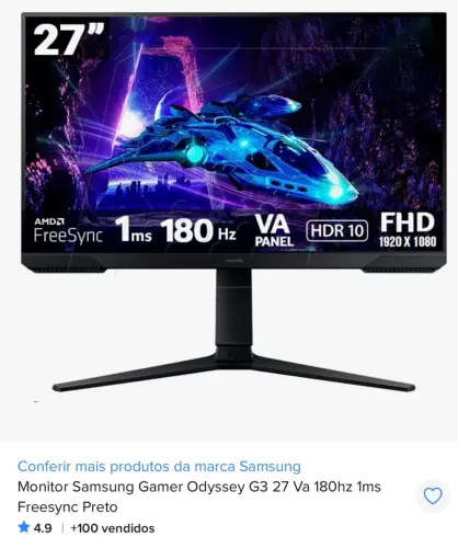 Monitor Samsung Gamer Odyssey G3 27 Va 180hz 1ms Freesync Preto
