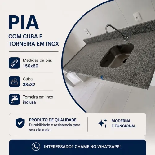 Pia em granito com Cuba e torneira em inox