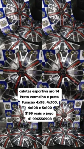 Calotas esportivas preto vermelha e Prata aro 14 calotas esportivas novas 