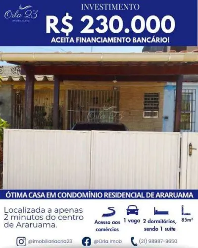 ARARUAMA, ORLA 23 IMOBILIÁRIA VENDE!Bela Casa em Condomínio Próxima ao Centro de Araruama