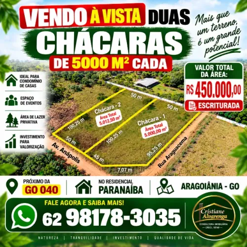 VENDO À VISTA 2 CHACARAS DE 5000 m2 Cada.