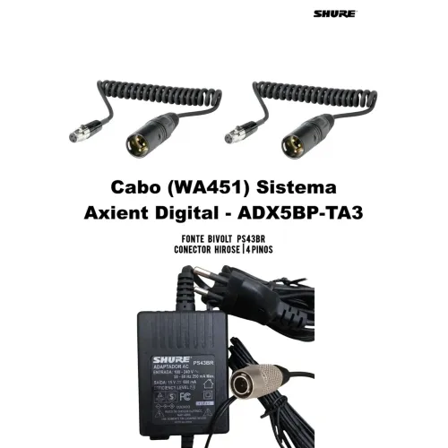 2 Cabos XLR + Fonte Bivolt Shure Original Para o Receptor de Microfone Sem Fio ADX5D 