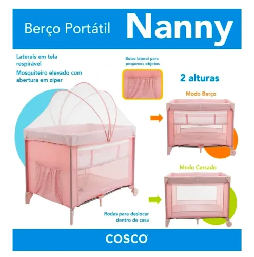 Cosco Kids, Berço/Cercado Nanny, 0 a 18kg, Rosa Rajado