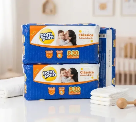 Kit 2 Pacotes Fralda Pom Pom Classica Cuidado Diario Tamanho P 60 Fraldas