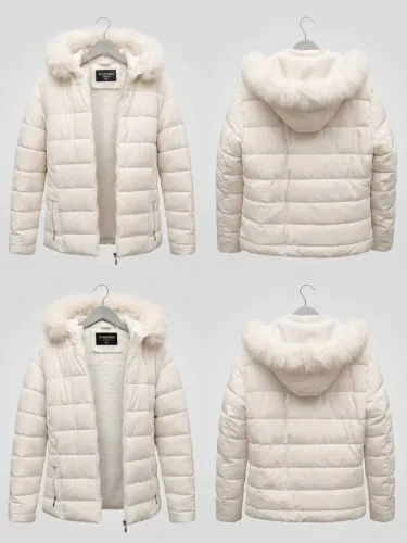 Casaco Jaqueta Feminina Puffer Off-White com Capuz de Pelo - Tamanho G4