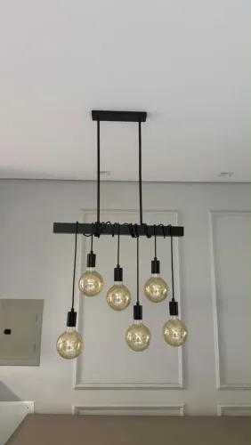 Pendente Linear 6 Lâmpadas Metal e Madeira Preto Inspire