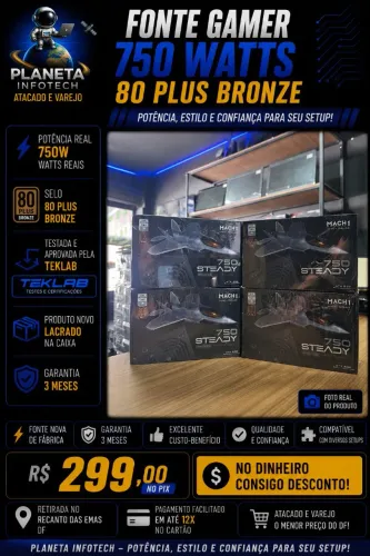 Fonte Gamer de 750W Real 80Plus com PFC ativo e selo da Tec Lab ( com garantia )