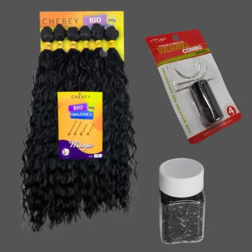 Kit entrelace maya orgânico preto cacheado 360g + micro link + kit entrelace