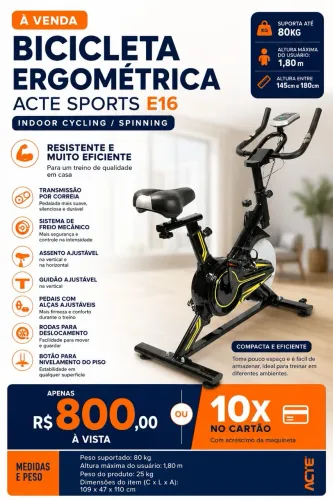 ACTE Bicicleta Ergométrica E16 Spinning Indoor