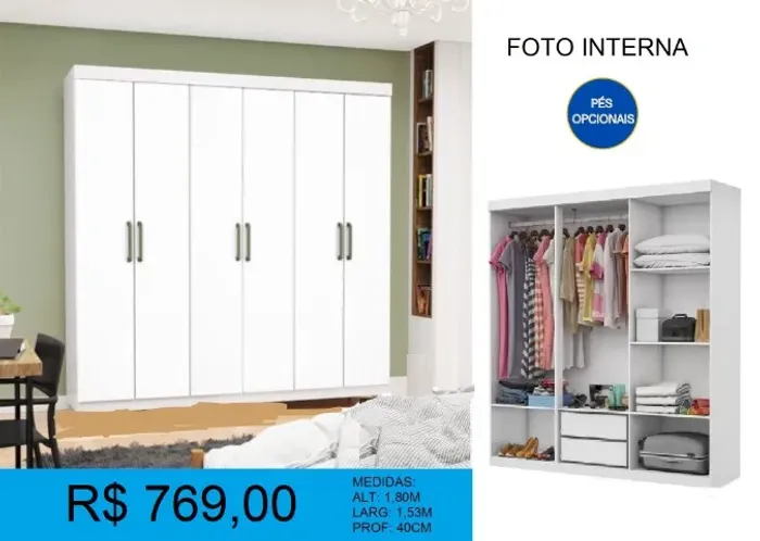 Roupeiro 6 portas com gavetas internas - Entrega e montagem inclusa
